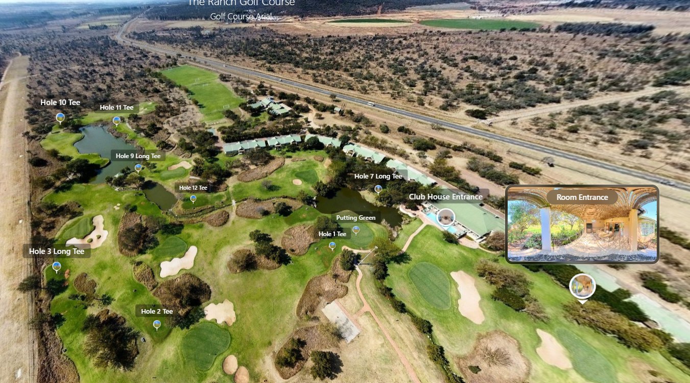 Aerial drone view of The Ranch Golf Course, part of a 360° virtual tour